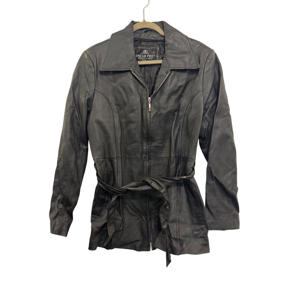 Oscar Piel Womens Leather Jacket Large Black Zip Closure Belted Waist